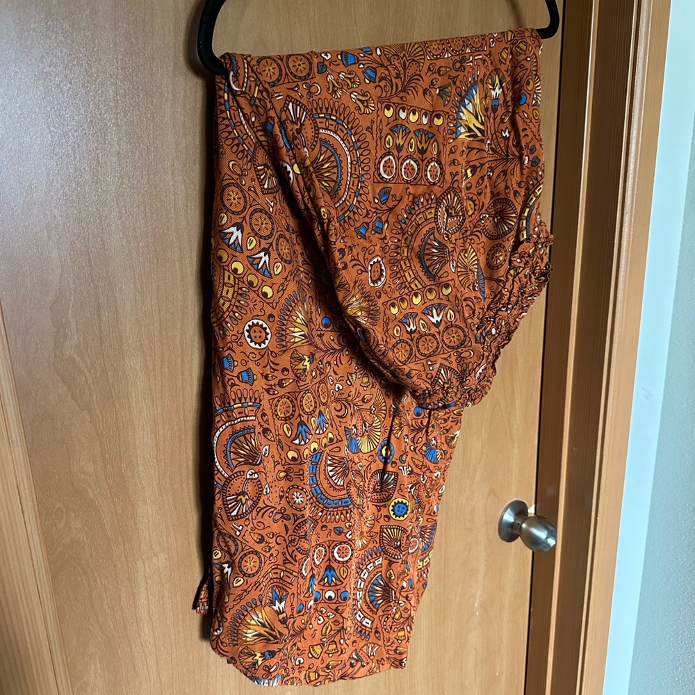 Anthropologie Bohemian Rust and Blue Patterned Pull On Wide Leg Pants